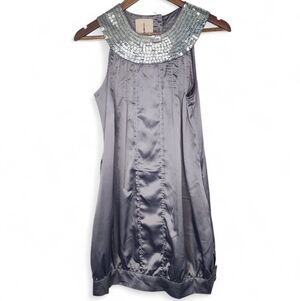 Bella Satin Sequin Embellished Banded Hem Mini Dress in Pewter Size M